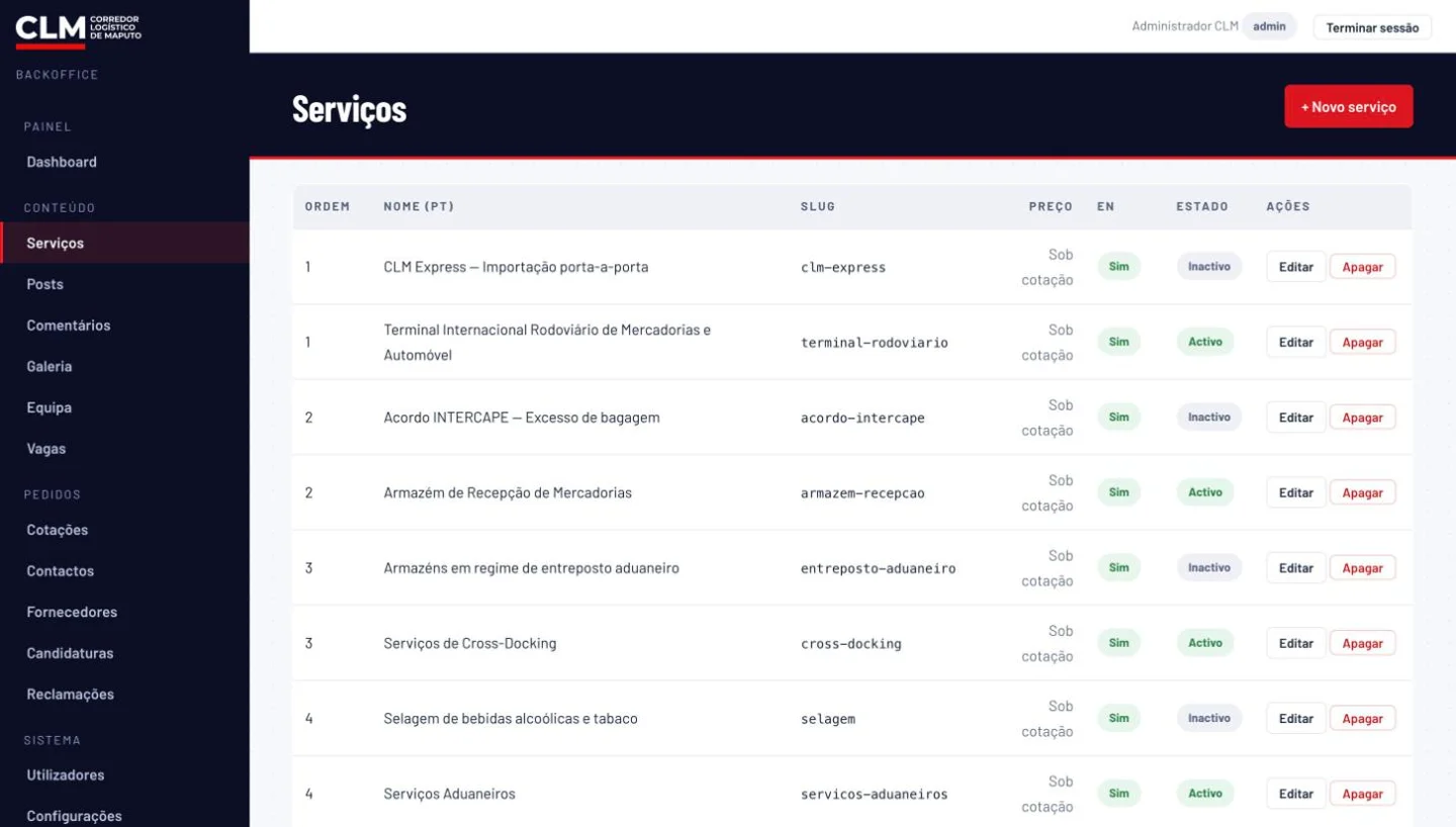 Backoffice: serviços em PT/EN com estado