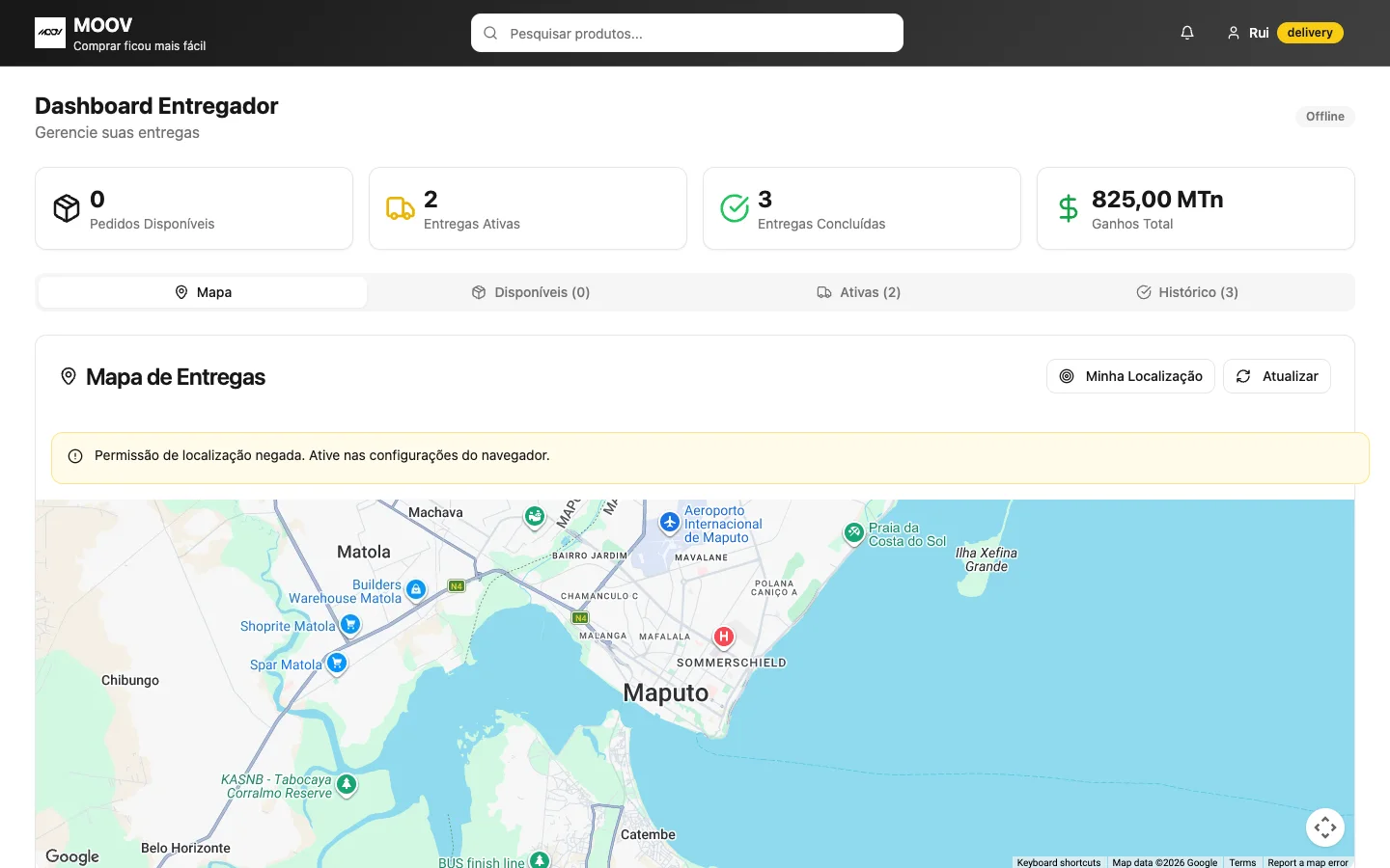 Painel do entregador com mapa de entregas em Maputo