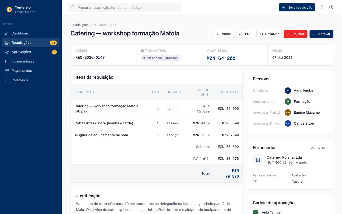 Detalhe da requisição com cadeia de aprovação