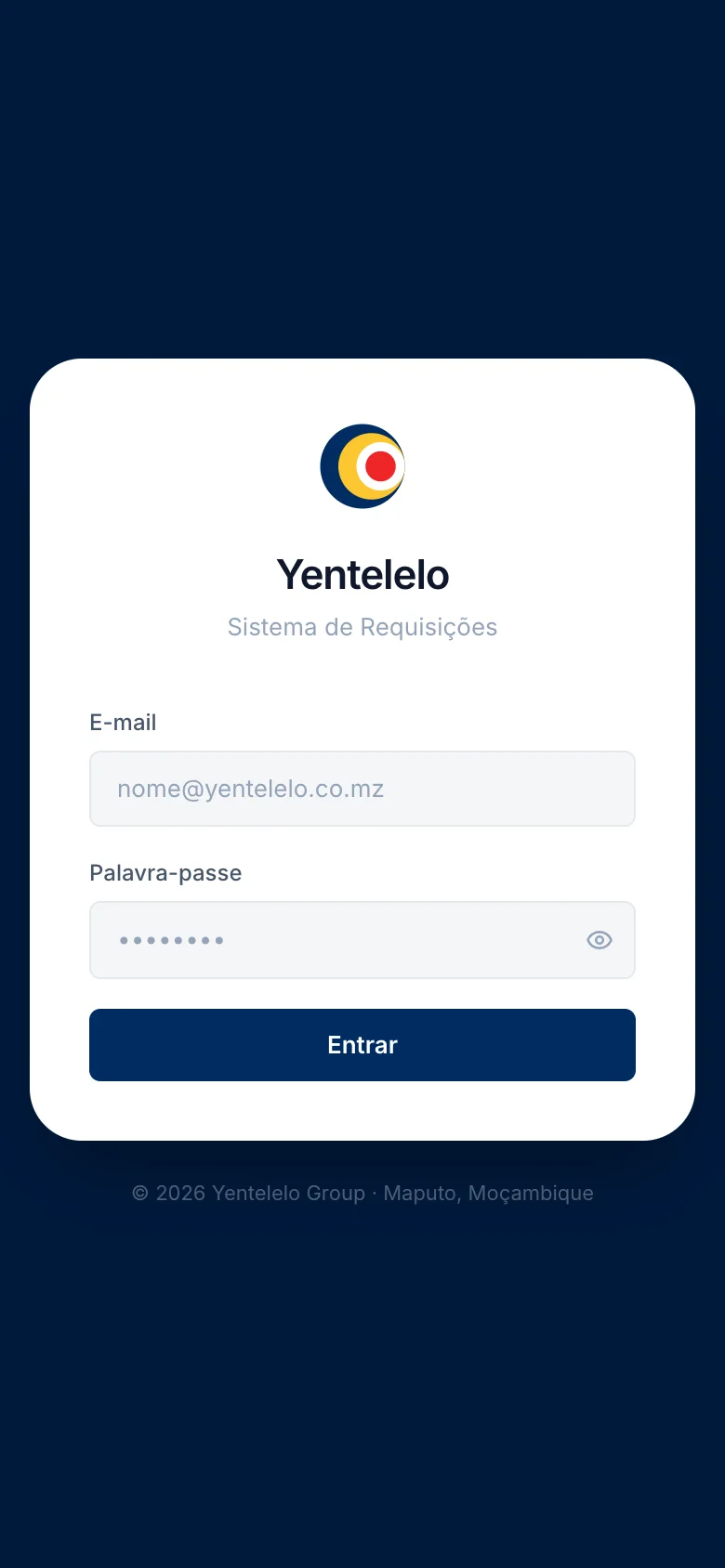 Ecrã do Yentelelo Requisições — versão móvel