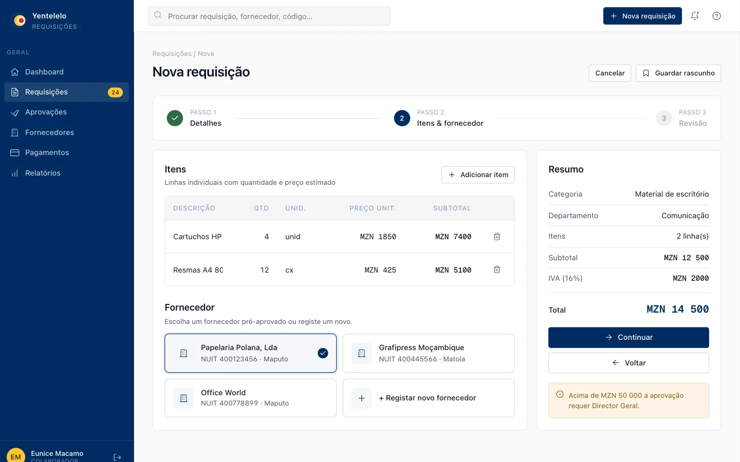 Nova requisição: assistente em 3 passos