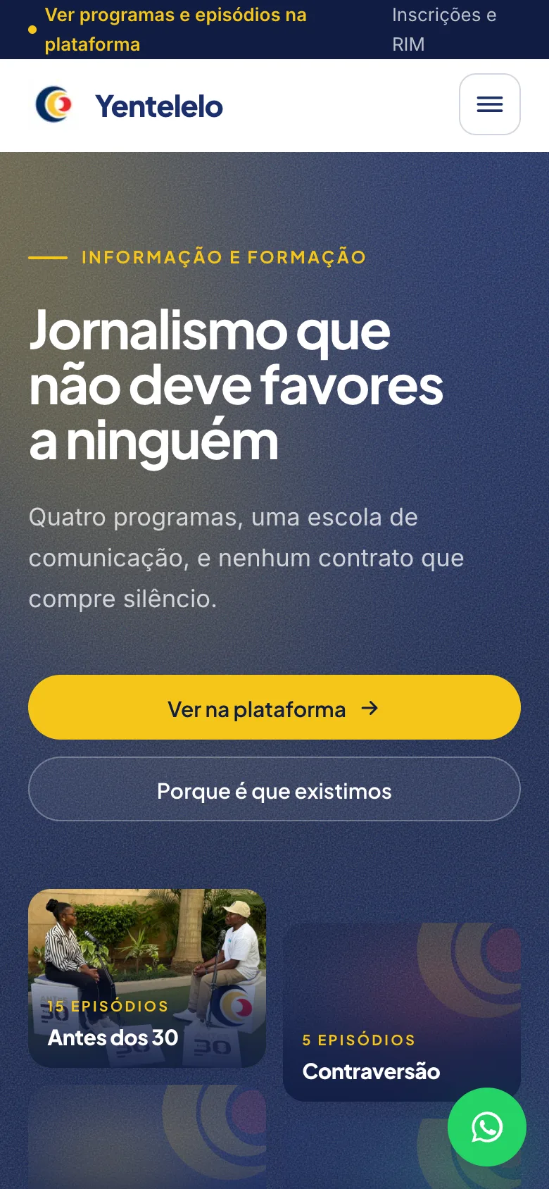 Ecrã do Portal Yentelelo — versão móvel